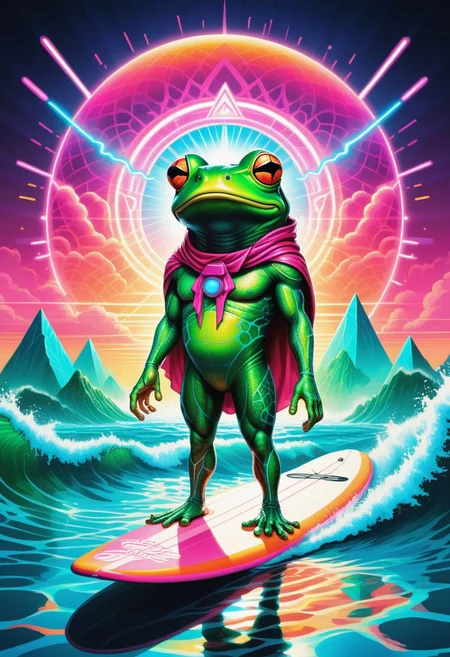 A surreal scene featuring a Quantum-Pickle Frogsurfer, a humanoid frog with slick, green, semi-translucent skin resembling pickles, balancing effortlessly on a glowing quantum energy surfboard. The surfboard emits trails of neon pink and cyan light, warping space-time around it with rippling, kaleidoscopic effects. The frog wears retro-futuristic shades, a neon headband, and a billowing vaporwave-patterned cape. The background is a swirling ocean of liquid rainbows, punctuated by floating geometric shapes and glowing pyramids. Above, a gridline sunset in vibrant magentas and oranges radiates retro-futuristic vibes. The atmosphere is absurd and dreamlike, with bright, high-contrast colors and a playful, surreal tone. Style is vivid vaporwave surrealism, blending clean geometric lines with organic absurdity.