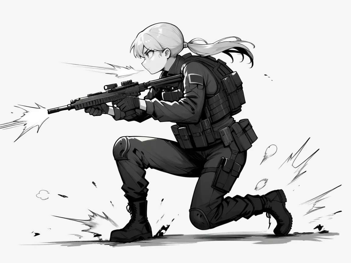 score_9, score_8_up, score_7_up, score_6_up, score_5_up, <lora:tacticalclothesXLP:0.8> tactical clothes, 1girl, weapon, gun, one knee, greyscale, monochrome, solo, holding weapon, holding, gloves, shell casing, boots, holding gun, knee pads, firing, white background, rifle, pants, military, simple background, assault rifle, pouch, long hair, full body, tactical clothes, twintails, bulletproof vest, ponytail, long sleeves, from side