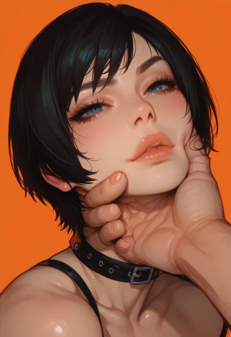 (score_9, score_8_up, score_7_up), 1girl, 18yo, Yuffie Kisaragi, short black hair, skinny, slim, flat chest, full lips, morimee_style, cute face, artist:moriimee, choker, (bored eyes:0.9), scornful look, face, neck, portrait, close up, extreme closeup, orange background,facegrab,light-skinned male