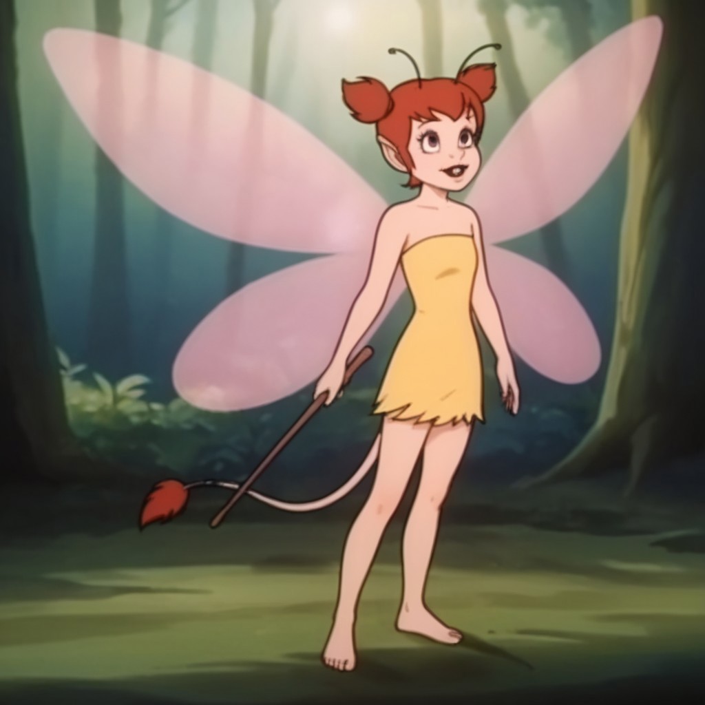 score_9, score_8_up, score_7_up, score_6_up, score_5_up, score_4_up, source_furry, lucytl, Kemonomimi, female, red hair, mouse tail, tail tuft, buck teeth, mouse ears, short twintails, fairy costume, antennae, fairy, bare shoulders, yellow dress, strapless, wings, barefoot, standing, enchanted forest
