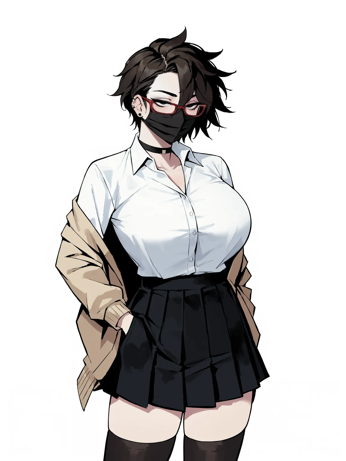 score_9, score_8_up, score_7_up, score_6_up, score_5_up, score_4_up,
BREAK
1girl, (black hair:1.2), bob cut, short hair, tomboy, black eyes, (black mouth mask:1.1), long eyelashes, half-closed eyes, (red-framed eyewear:1.1), black choker, messy hair, (asymmetrical hair:1.2), adult, mature, black eyeliner, ear piercing,
BREAK
solo, standing, wave, huge breasts, adult, broad shoulders, tall, white collared shirt, long sleeves, light brown cardigan, open cardigan, black pleated skirt, black microskirt, black miniskirt, (black thighhighs:1.1), (shirt tucked in:1.1), black nails, skinny,
BREAK
white background, simple background, <lora:Lunas-DonghoKang-SDXL-A1:1>