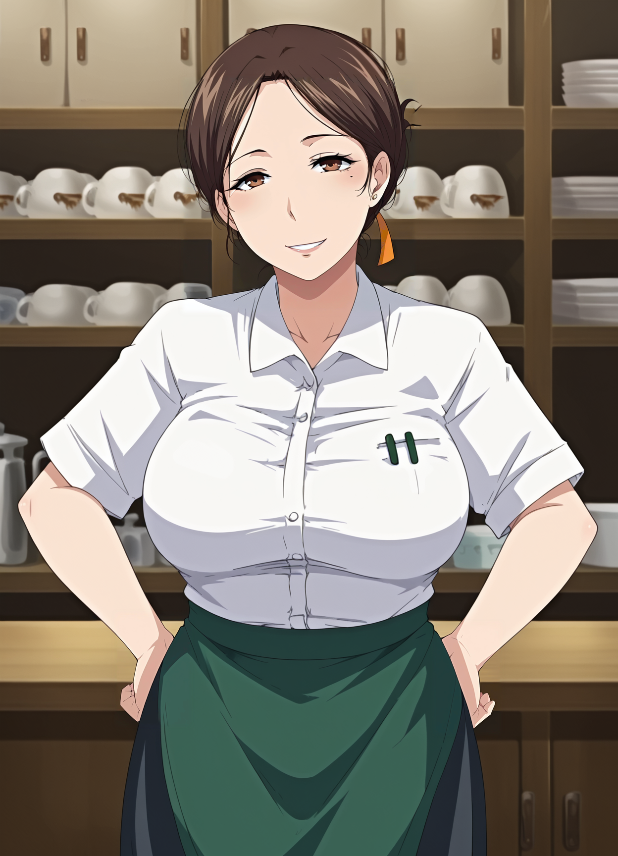 <lora:Yue_ni_Hitozuma_wa_Netorareta3:0.85>,mm,mature female,1girl,solo,brown hair,brown eyes,mole under eye,breasts,shirt,skirt,cowboy shot,hands on own hips,looking at viewer,indoors,smile,apron