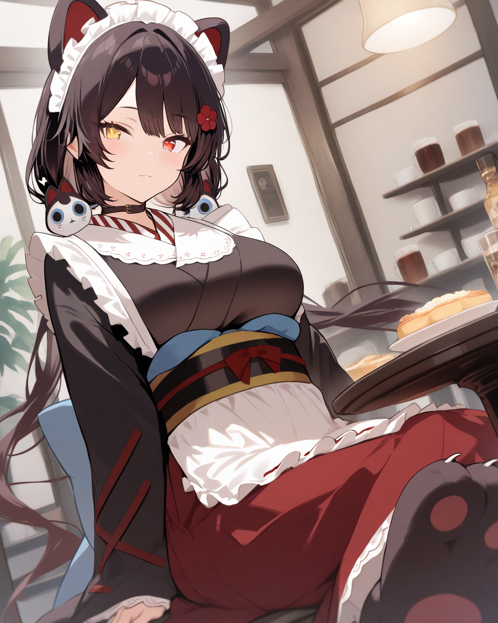 1girl, InuiTokoNijisanji, 
safe, solo, dutch angle, upper body,
maid headdress,
yellow eyes, red eyes,
low twintails, hair ornament,
hair flower,
black kimono, large breasts,
long sleeves, maid apron, obi, red bow,
red skirt, paw shoes,
sitting, looking at viewer,
indoors, caffe, table,
<lora:kp_InuiTokoNijisanjiAnimagineXL_v1_1:1.0>,
masterpiece, high score, great score, absurdres