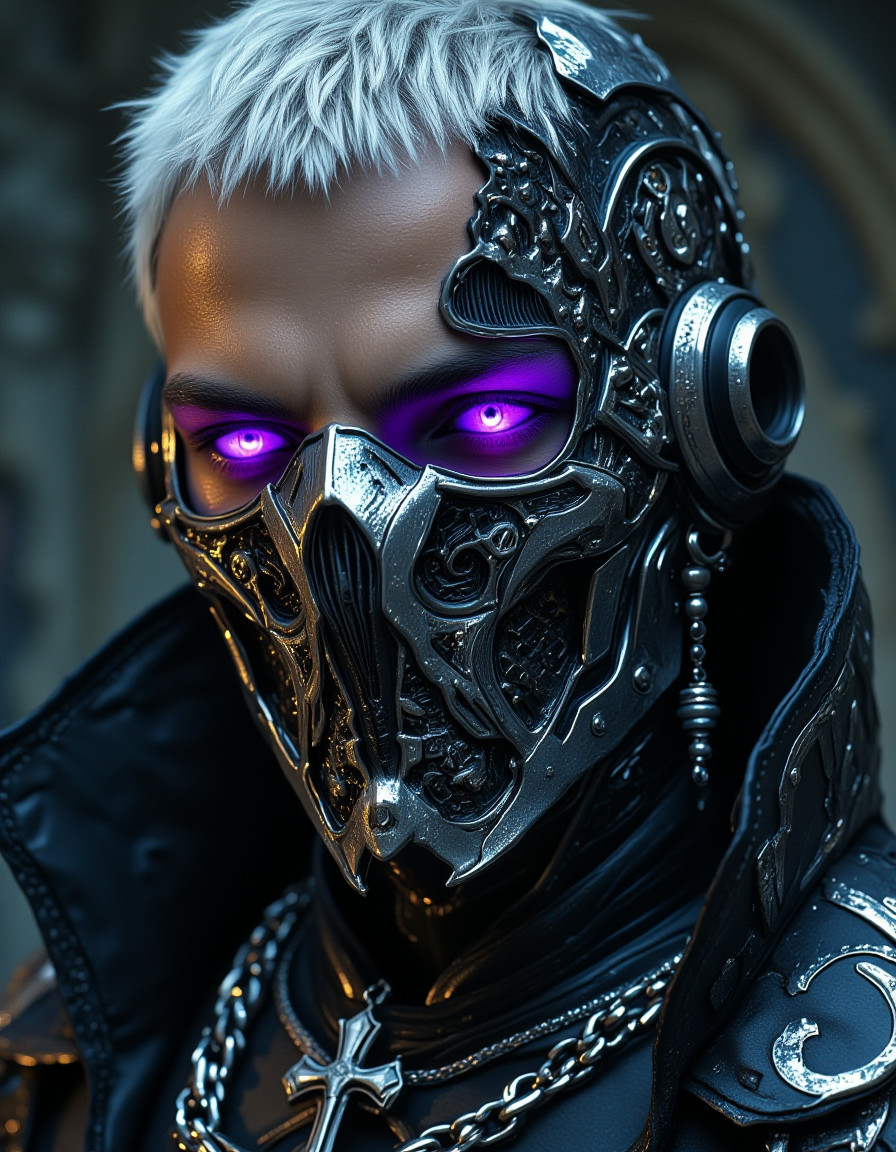 Cyberpunk portrait of a man with short, white hair, piercing purple eyes, and a highly stylized, metallic face mask with skull-like features, intricate mechanical details and exposed wiring visible on the mask, wearing a dark, futuristic garment with a silver chain and cross pendant, the overall style a blend of realism and stylized rendering with a focus on sharp lines and bold shapes, close-up shot from a slightly low angle, emphasizing the subject's intense gaze and the intricate details of the mask, art by Geof Darrow and Simon Bisley, 8k resolution, cyberpunk aesthetic, highly detailed, sharp focus, dramatic lighting, contrasting textures, stylized rendering, graphic novel influences, strong lines, bold shapes, sense of mystery and intrigue, HKMagic, midjourney_whisper_avant_couture, <lora:FantasyWizardWitchesFluxV2-000001:0.8>, <lora:Dever_Flux_Enhancer:0.4>, <lora:midjourney_whisper_avant_couture_v01:0.8>