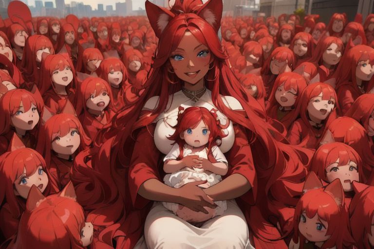 (masterpiece, best quality:1.5), (ultra realistic:1.5), (8k uhd, very high quality:1.5), (extremely detailed face:1.5), (everyone has ruby red fox ears and ruby red hair:1.5), (dark skin woman sitting and holding numerous babies in her lap, while surrounded by an endless number of her very young children:1.5), (holding multiple babies in her lap:1.5), (everyone smiling, happy:1.5), (bright blue eyes:1.5), (everyone has absurdly long ruby red hair:1.5), (the woman is surrounded by endless numbers of her very young children that fill the entire background:1.5), (the woman is surrounded by an endless number of her very young children that fill the entire background:1.5), (the woman has a lot of babies in her lap:1.5), (city background:1.5)