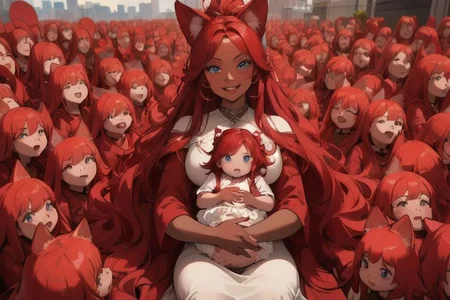 (masterpiece, best quality:1.5), (ultra realistic:1.5), (8k uhd, very high quality:1.5), (extremely detailed face:1.5), (everyone has ruby red fox ears and ruby red hair:1.5), (dark skin woman sitting and holding numerous babies in her lap, while surrounded by an endless number of her very young children:1.5), (holding multiple babies in her lap:1.5), (everyone smiling, happy:1.5), (bright blue eyes:1.5), (everyone has absurdly long ruby red hair:1.5), (the woman is surrounded by endless numbers of her very young children that fill the entire background:1.5), (the woman is surrounded by an endless number of her very young children that fill the entire background:1.5), (the woman has a lot of babies in her lap:1.5), (city background:1.5)