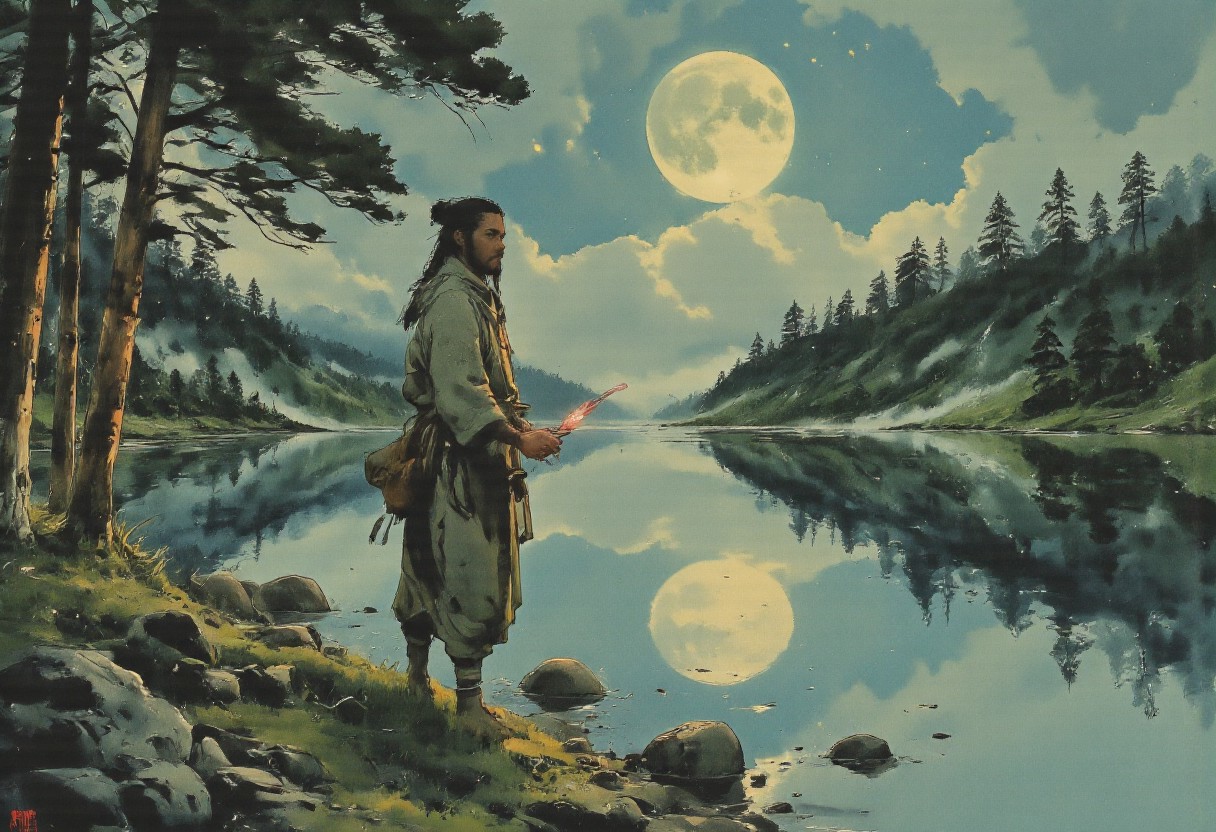 Under a serene moonlit sky, a young man in simple robes stands at the edge of a still, forest-ringed lake, his back to the viewer. His long hair brushes the water, mirroring his image perfectly. Clasping an iridescent feather that emits a soft, ethereal glow, his pensive expression suggests a profound question silently posed to the universe. The trees stand motionless, as if holding their breath for an answer. The glassy water reflects the scene, emphasizing the deep silence. A low-hanging moon casts a silver glow, while distant stars add to the atmosphere of anticipation and introspection. The faintest sounds of nocturnal creatures and lapping water underscore the peaceful yet tense silence, heavy with the unspoken question.