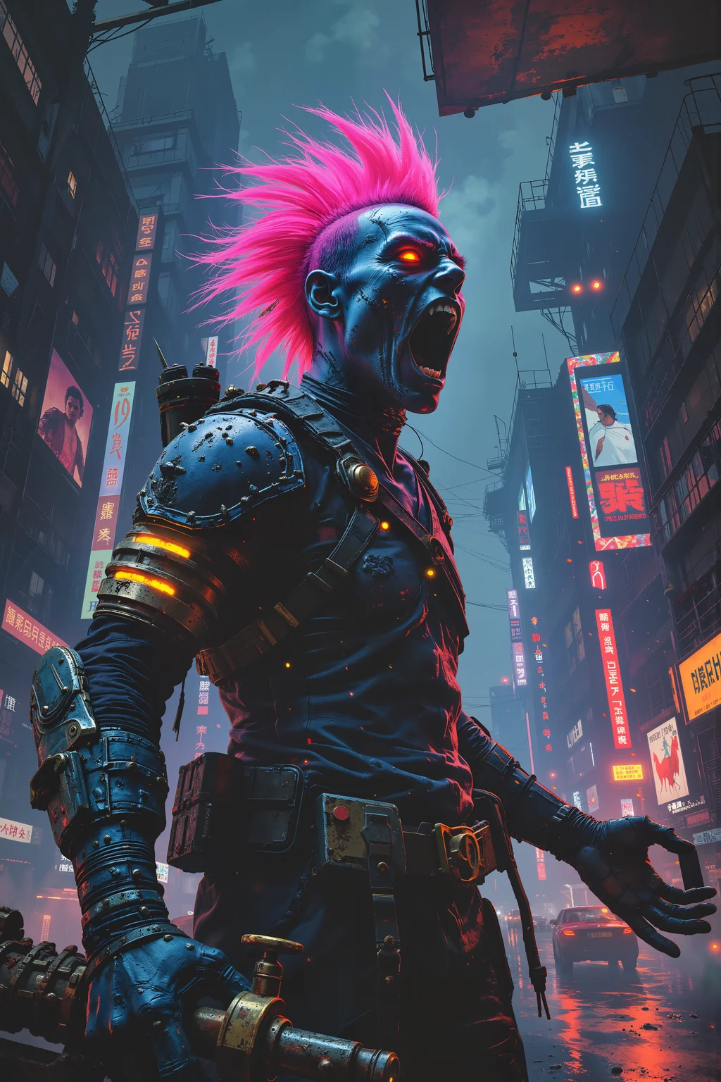 Beneath the neon glow of an otherworldly city skyline, a punkish, cobalt-blue-skinned warrior with a shock of electric pink hair stands atop a rusted metal platform, screaming into the chaotic night. His jagged, metallic armor gleams under the shifting lights of floating advertisements and pulsing holograms that flicker like digital ghosts around him. His mouth is wide open, revealing rows of sharp, gold-tipped teeth, his throat glowing with an internal, bioluminescent energy. His fists are clenched, one gripping the handle of a massive, spiked gauntlet that hums with raw power, while the other is raised toward the sky, as if challenging the universe itself. Behind him, the city stretches infinitely, a labyrinth of color and noise, filled with hover-bikes zipping between monolithic skyscrapers and neon-lit temples dedicated to long-forgotten gods. The air is thick with a mix of rain and static electricity, causing his vibrant mohawk to stand on end, crackling with excess energy. A billboard flickers overhead, briefly illuminating his scarred face, his burning orange eyes wild with unrestrained fury. His scream is one of defiance, echoing into the night like a battle cry that will never fade. , detailed background Fantastic lighting. Detailed shadows.intricate details, vivid colors, hyper-detailed, ultra-sharp, , <lora:Luminous_Shadowscape-000016:0.4><lora:black_fantasy_1.0:0.4><lora:Glitchcore_Flux:0.4><lora:- Flux1 - vanta_black_V2.0:0.4>