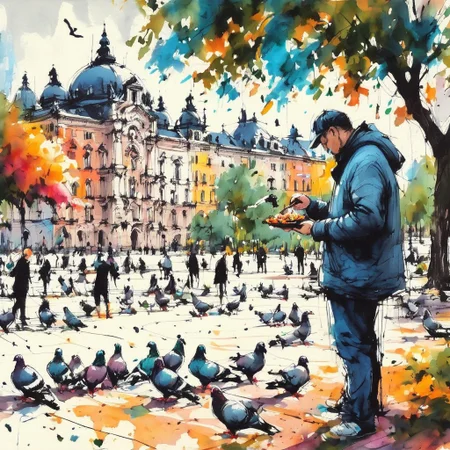 inksketch, a man feeding pigeons, city park, colorful