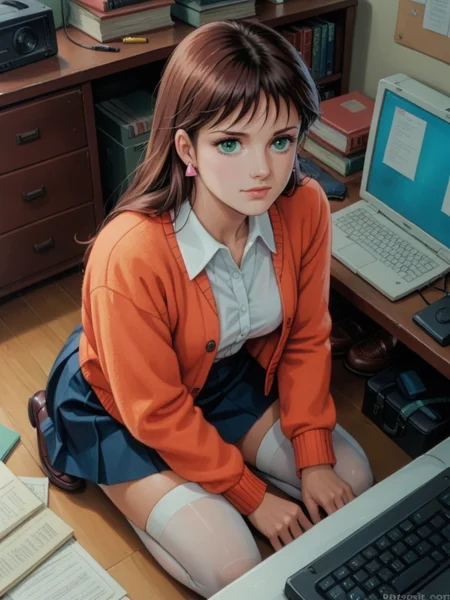 score_9, score_8_up, score_7_up, realistic, from above, background is retro dorm room, typing on computer, retro computer, <lora:Mia_Koji:.85>, miakoji, mia, cardigan, (pastels), skirt, white stockings, loafers, ronin warriors, solo, 1girl, retro, brown hair, 1980s (style), earrings, long hair, green eyes, makeup