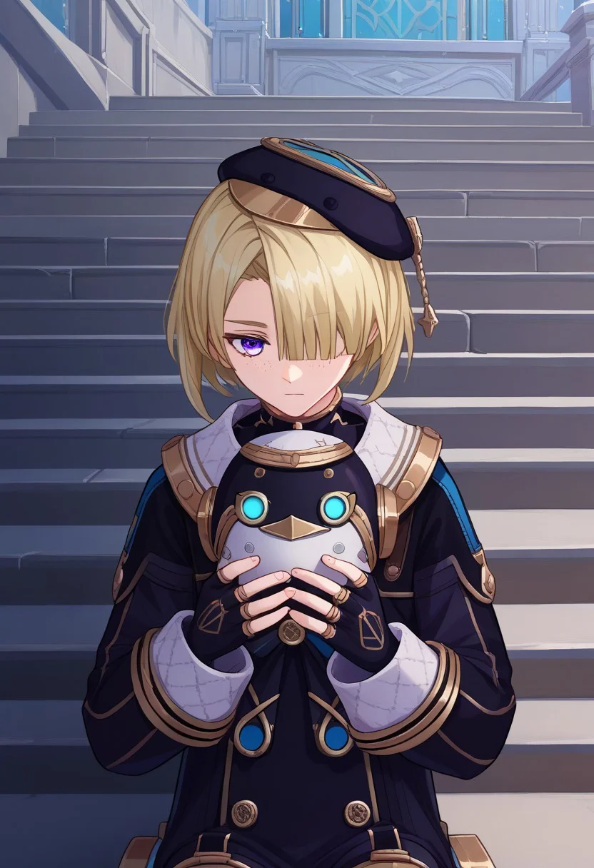 score_9, score_7_up, source_anime
freminet, 1boy, male focus, solo, purple eyes, blonde hair, hair over one eye, freckles, hat, beret, black headwear, diving suit, jacket, blue jacket, long sleeves, buttons, bow, blue bow, gloves, black gloves, fingerless gloves, pers, robot, pers (robot), hold, holding robot,
outdoor, stairs, sitting, upper body,
