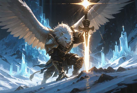 Dynamic angle, dynamic pose, hope, bringing hope. Holy light breaks through the sky, casting god rays and shimmering light in an epic display of black and gold, creating a dramatic contrast of shadow and light. The heavily armored paladin stands as a majestic figure in the fantasy world, their presence cutting through the bleakness of the surrounding landscape. The backdrop is a desolate, frozen mountain range, its jagged peaks bound in thick, all-consuming darkness, where no light dares to penetrate. Amidst this oppressive gloom, the paladin shines as the sole luminous being, a symbol of hope. Their armor, adorned with intricate patterns, shimmers with a divine glow, reflecting the purity of their purpose. They wield a mighty hammer shaped like a lion's head, emanating radiant light, a beacon of hope that inspires courage in all who witness it. The paladin's helm, embellished with eagle motifs, completely conceals their face, adding to their mystique and commanding presence. With an aura of nobility and power, the paladin stands tall, unwavering, as a beacon of righteousness and strength, the only light pushing back the surrounding darkness, dedicated to vanquishing evil and defending the innocent. Their presence alone conquers the darkness, bringing light and hope to a world consumed by shadow.