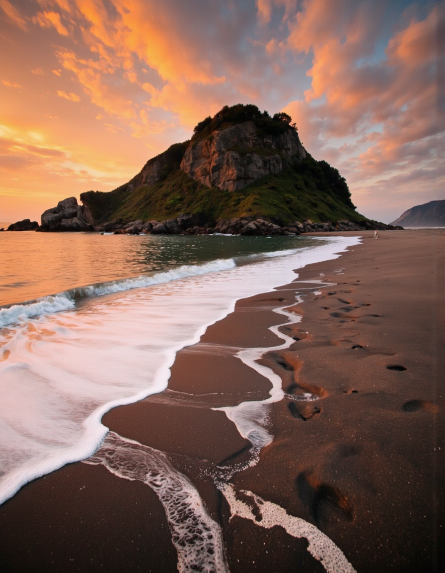 A long exposure photograph of a serene beach at sunset, with a rocky cliff in the background. the sky is filled with vibrant orange and pink hues, and the clouds are scattered across the horizon. the water is calm and reflects the warm colors of the sky, creating a peaceful and tranquil atmosphere. the foreground is dominated by the rocky cliffs, which are silhouetted against the sky. the cliffs are covered in greenery, adding a touch of nature to the scene. the sand is a dark brown color, contrasting with the lighter tones of the sunset. the waves are gently crashing onto the shore, creating gentle patterns on the sand. the overall mood of the image is peaceful and serene, capturing the beauty of nature and the tranquility of the beach. <lora:Landscapes_II_epoch_8:1>