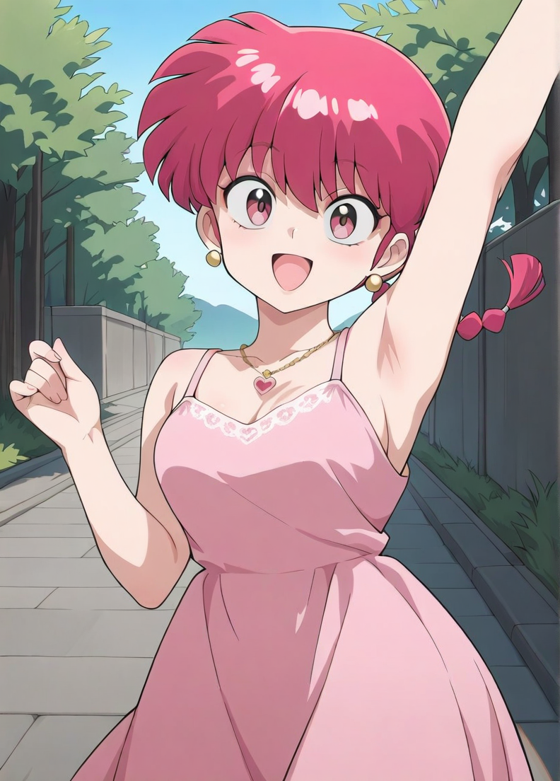 masterpiece, best quality, amazing quality, very aesthetic, absurdres, newest, detailed background, outdoors,
ranmaxd, 1girl, jewelry, braid, solo, red hair, necklace, earrings, smile, open mouth, arm up, braided ponytail, looking at viewer, single braid, armpits, outdoors, heart, dress, :d, breasts, day, heart necklace, pink dress, 
<lora:Ranma_Saotome_-_Ranma_12_Remake_Illustrious:1>