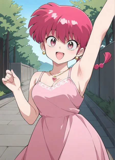 masterpiece, best quality, amazing quality, very aesthetic, absurdres, newest, detailed background, outdoors,
ranmaxd, 1girl, jewelry, braid, solo, red hair, necklace, earrings, smile, open mouth, arm up, braided ponytail, looking at viewer, single braid, armpits, outdoors, heart, dress, :d, breasts, day, heart necklace, pink dress,
<lora:Ranma_Saotome_-_Ranma_12_Remake_Illustrious:1>