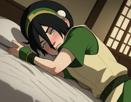 score_9, score_8_up, score_7_up, source_anime, <lora:toph-beifong-book2book3-ponyxl-lora-nochekaiser:1>, toph beifong, black hair, hairband, blind, grey eyes, hair between eyes, short hair,, shirt, green shirt, vest, belt, short sleeves,, indoors, bed, bed room, on side, blush, drunk, looking at viewer, solo,, cowboy shot, dutch angle