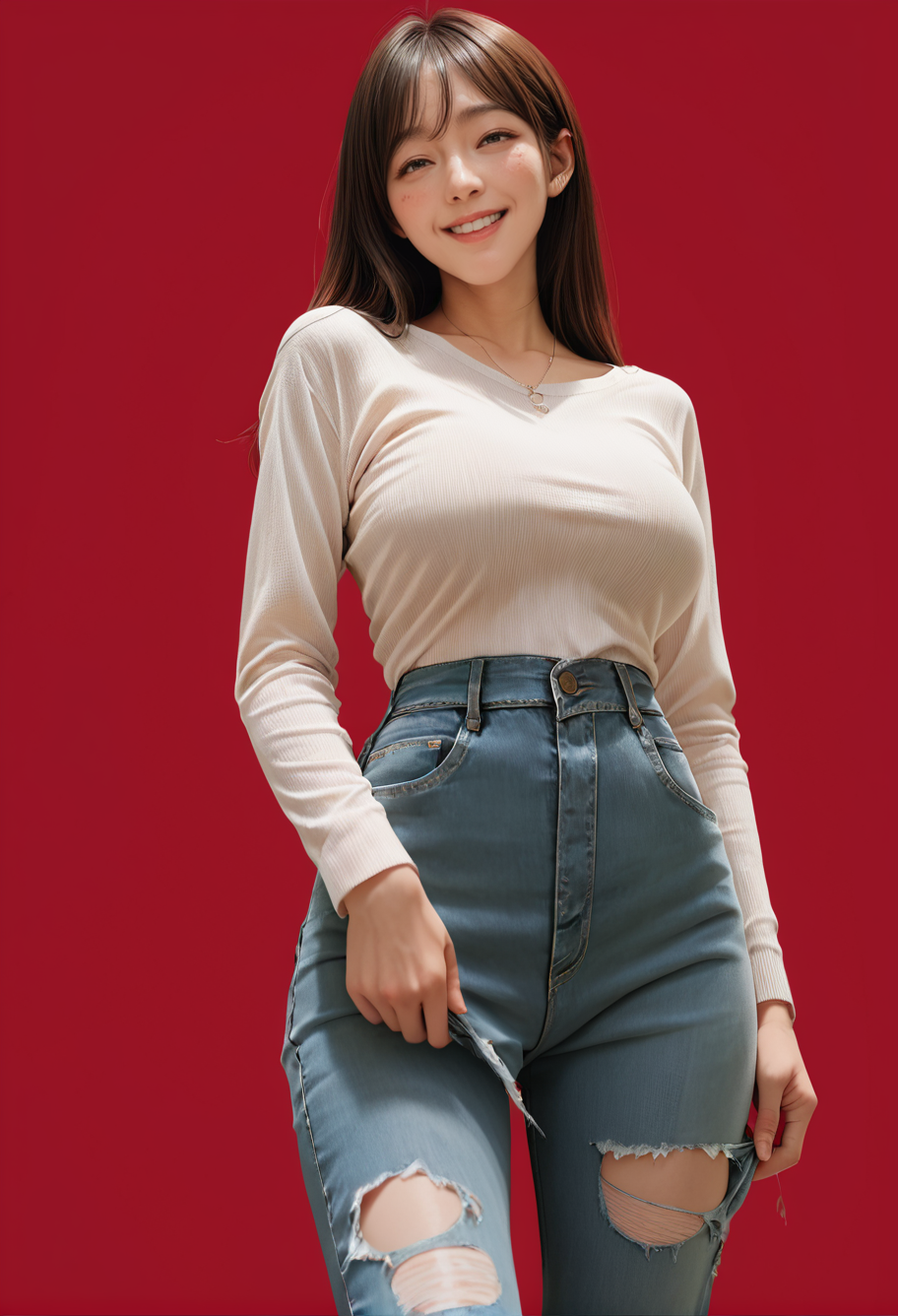 1girl,red background,,ruanyi0966,torn jeans,pantyhose,white shirt,black pantyhose,
standing,jeans pull,bottomless,<lora:0966 Home wear 13_v1_pony:1>, score_9, score_8_up, score_7_up, score_6_up, score_9, score_8_up, score_7_up, score_6_up source_anime, blush, 1girl, seduce smile, perfect body , natural huge breasts