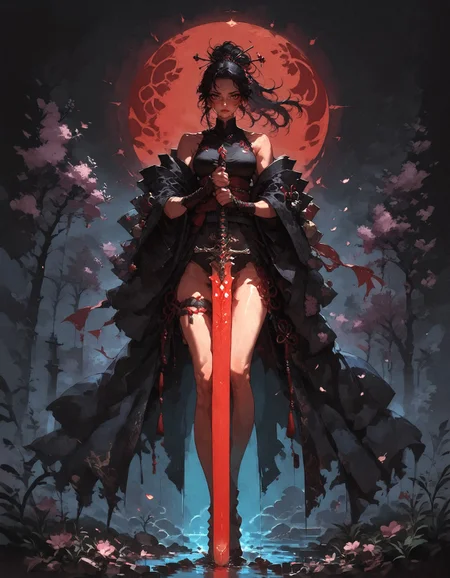 score_9, score_8_up, score_7_up, full body, samurai girl, holding a red sword, floral kimono, pale, medium breasts, colorful eyes, freckles, ponytail, black hair, hair pin, thigh strap, petite, 1girl, delicate and smooth skin, blush, perfect body, thighs, large breasts, highly detailed, glossy lips, looking at viewer, dark theme, Japanese town background, red moon, river, cherry flowers, <lora:pony/concept_art_darkside_style:0.8> concept art, <lora:pony/expressiveh:0.8> expressiveh, <lora:pony/kenva:0.8> knva, halftone effect, <lora:sdxl/sinfully_stylish_sdxl> <lora:pony/HailoKnight_Pony_Fantasy_Knights_V2:0.8> hkstyle, <lora:pony/pony_detail_v2.0>