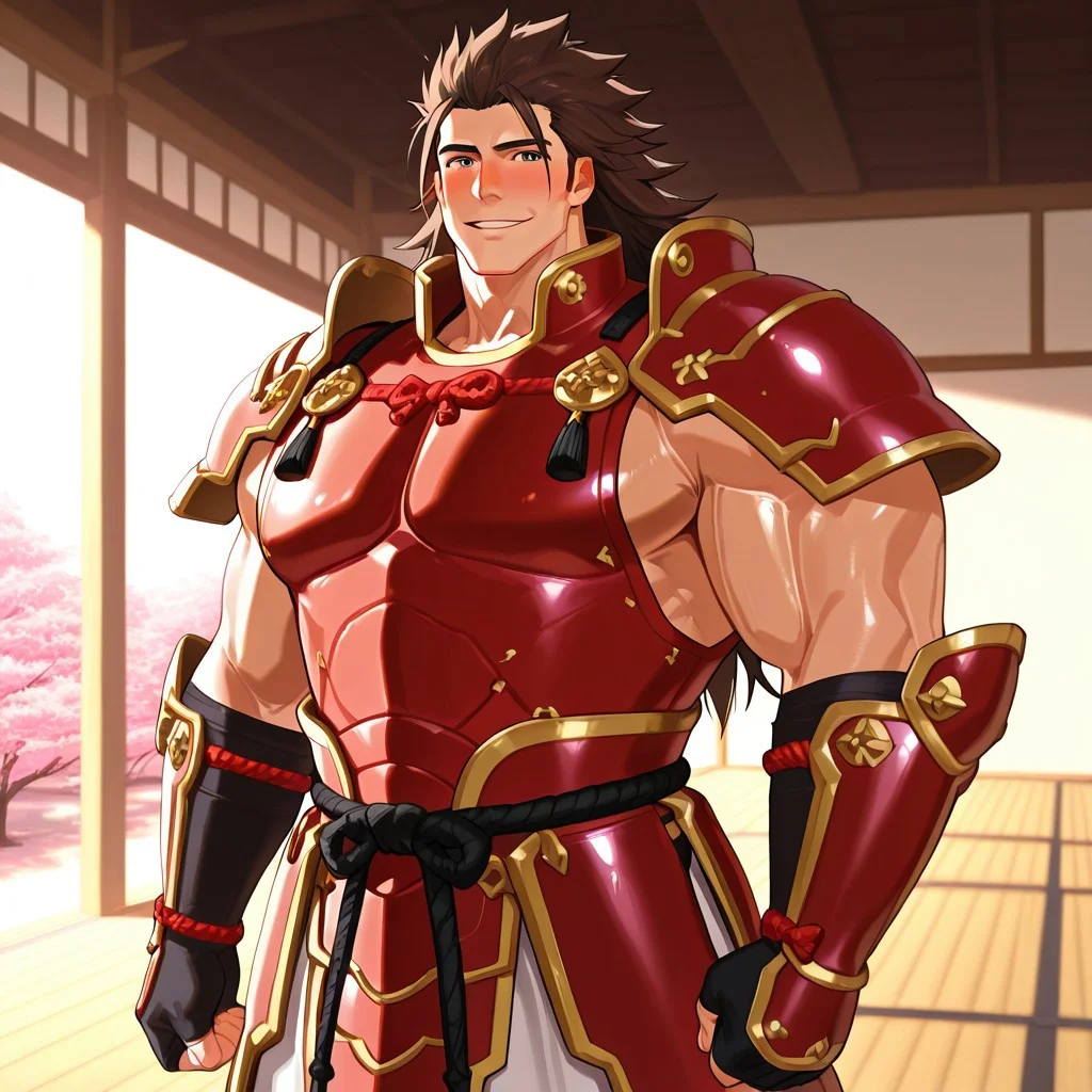 masterpiece, high res, highres, shiny, best quality, absurdres, newest, perfect quality, best quality, intricate details, (muscular submissive male), ((((detailed face)))), adams apple, ((((detailed eyes)))), bara, ((((muscular male)))), (((((masculine face))))), male focus, 1man, solo, ry0m4_fe, brown hair, black eyes, long hair, spiked hair, {{bara}}, big ass, big pecs, huge pecs, brown borders around character, blush, huge biceps, parted lips, happy, seductive, seductive gaze, ((pleased look on face)), ((((sunny)))), daylight, ((warm lighting)), hoshido, dojo, Japanese scenery, cherry blossom trees in background, good lighting, volumetric lighting, looking at viewer, red and white samurai armor, gold adornments, standing upright, looking at viewer, front view