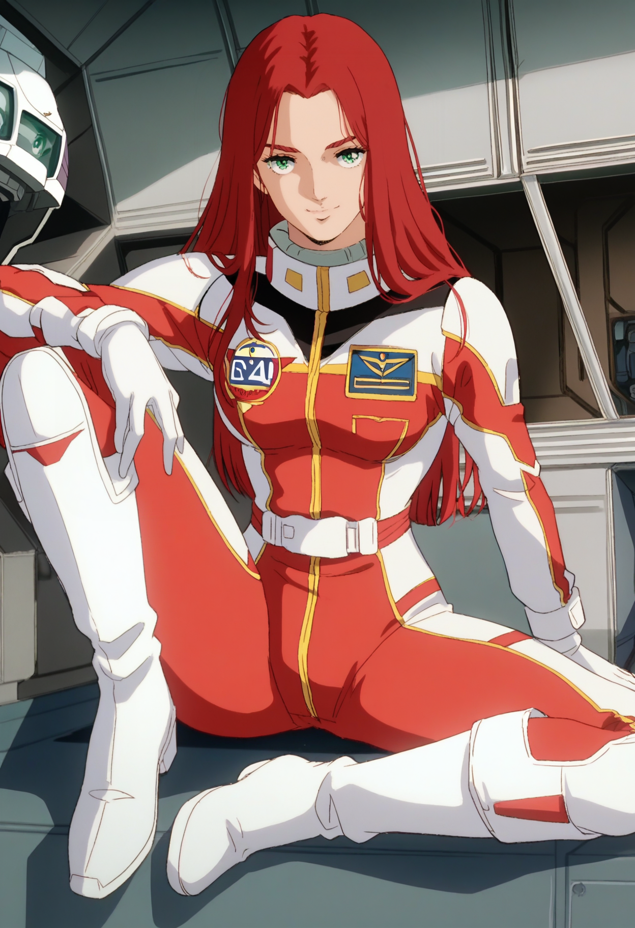 score_9, score_8_up, score_7_up, score_6_up, anime screencap, anime coloring, <lora:G0080CMV1_epoch_8:0.9>, G0080CM, red hair, green eyes, long hair, breasts,
pilot suit, white boots, knee boots, 
sitting, seductive pose, light smile, looking at viewer, leg up, 
BREAK indoors, hangar,