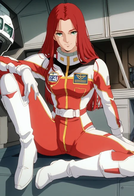 score_9, score_8_up, score_7_up, score_6_up, anime screencap, anime coloring, <lora:G0080CMV1_epoch_8:0.9>, G0080CM, red hair, green eyes, long hair, breasts,
pilot suit, white boots, knee boots, 
sitting, seductive pose, light smile, looking at viewer, leg up, 
BREAK indoors, hangar,