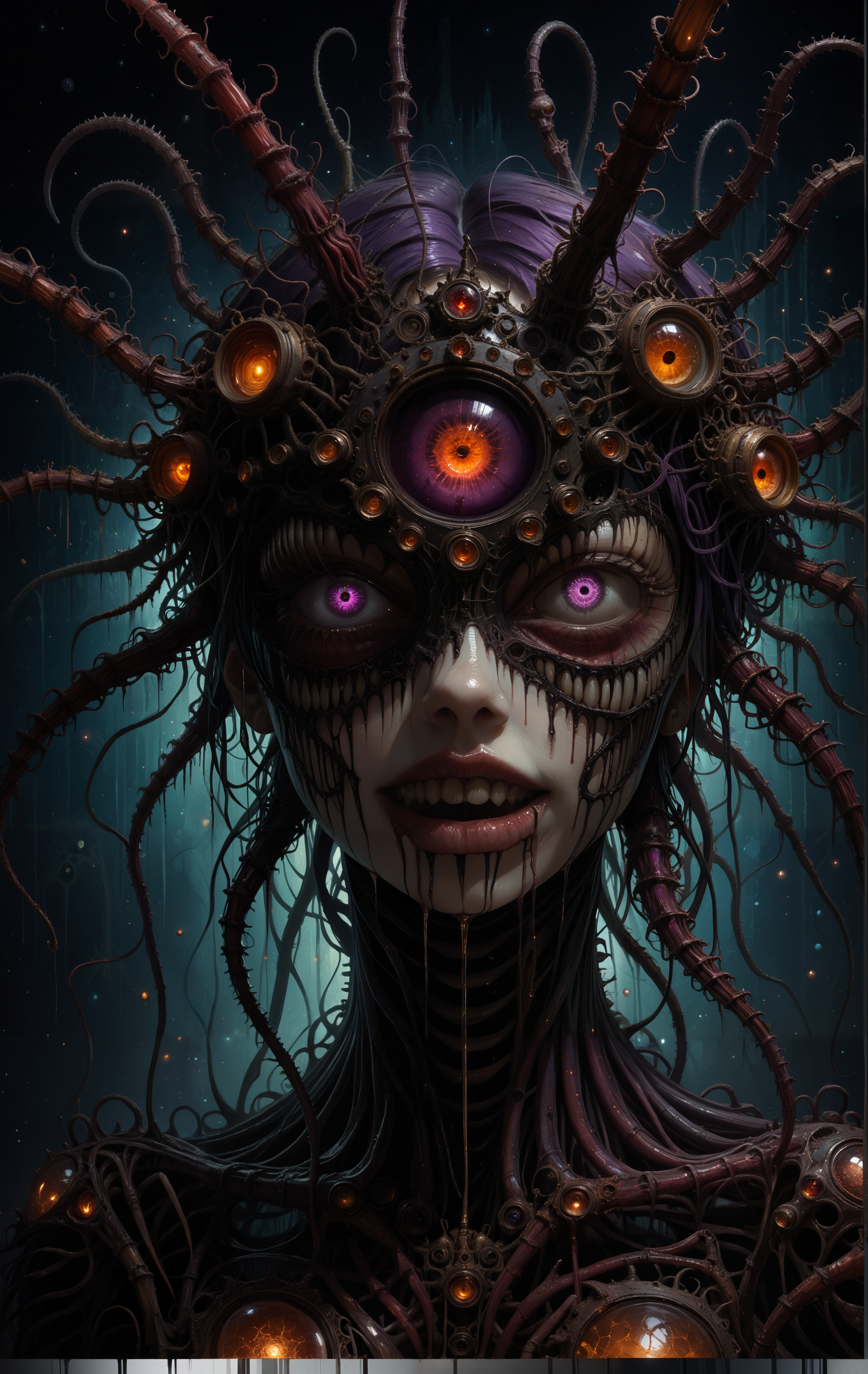 score_9, score_8_up, score_7_up, score_6_up, SV,
This is a digital artwork in a hyper-realistic, horror-fantasy style. The image features an extremely close-up view of a monstrous, otherworldly face. The face belongs to a creature with an elongated, pale, almost translucent skin. The most striking feature is the glowing, luminescent purple eye that dominates the left side of the image, radiating a sinister, almost supernatural energy. This eye is filled with swirling, iridescent patterns that suggest an unsettling, unnatural presence.
The mouth is filled with razor-sharp, elongated teeth, which are dripping with an eerie, viscous substance, adding to the horror aesthetic. The creature's hair, which appears to be a mass of writhing, dark tendrils, is a mix of dark purple and black, blending seamlessly with the surrounding, chaotic background. This hair is covered in small, glowing, sparkly particles that enhance the eerie, ethereal feel of the scene.
.