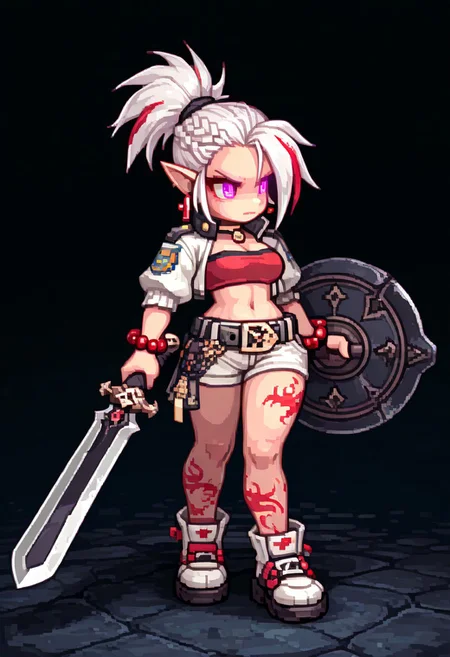 1girl, dim background, eye trail, glowing eyes, purple eyes, white hair, pointy ears, streaked hair, colored_extremities, red earrings, ponytail, braid, tube top, midriff, red bandeau, white shorts, open jacket, black belt, red bead bracelet, leg tattoo, white cropped jacket, holding sword, holding shield,, masterpiece, best quality, newest, absurdres, highres, ,amazing quality, (masterwork, masterpiece, best quality, hyper-detailed, 8k uhd::1.4), masterpiece,best quality,amazing quality,very aesthetic,high resolution,ultra-detailed,absurdres,newest, masterpiece, best quality, amazing quality, very aesthetic,
provocative, Black filled oval eyes, full body, Ragnarok online character, ROSPRITE, Smooth_Quality,e7sprites,Smo0thL1nes