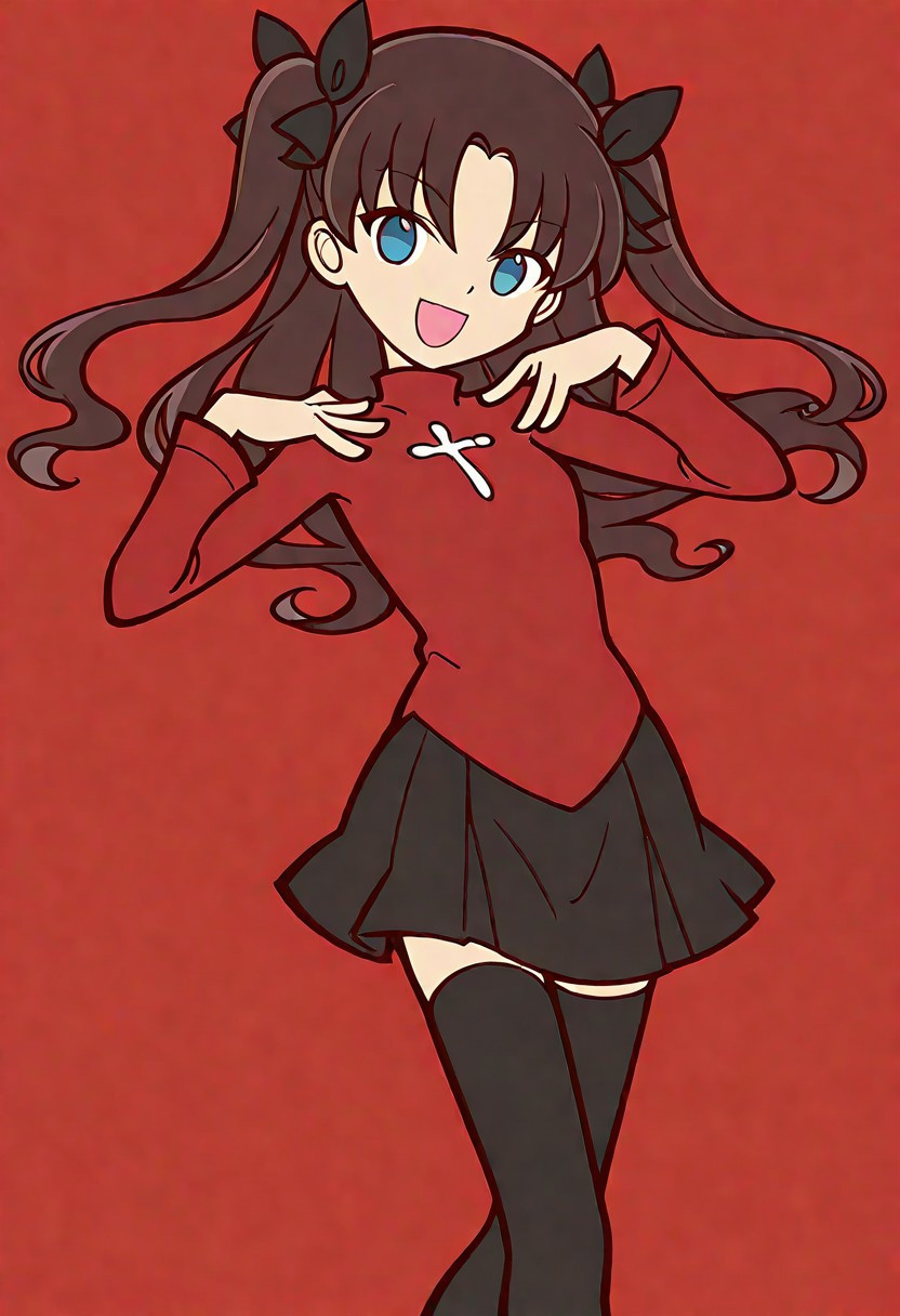 masterpiece, high quality, highres, flat colors, 1girl, solo, looking at viewer, hands on shoulders, red top, flat hands, posing, dancing, :d,joyful, rin tohsaka, \(fate series\), dynamic angle,