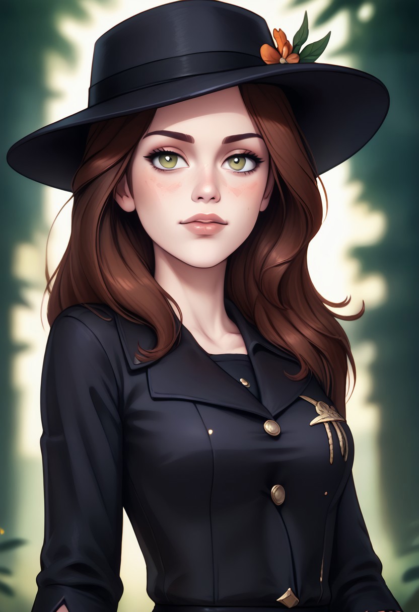 score_9, score_8_up, score_7_up, score_6_up, PRSNL_3_1, uncensored, pupils black dots, lips,
upper body, best quality, masterpiece, 4k, realistic, warm light,
LeafPony, leaf (pokemon), long hair, brown hair, brown eyes,
black headwear, hat flower, black gloves, black dress, buttons, black pantyhose, black footwear, high heels, sparkle,
