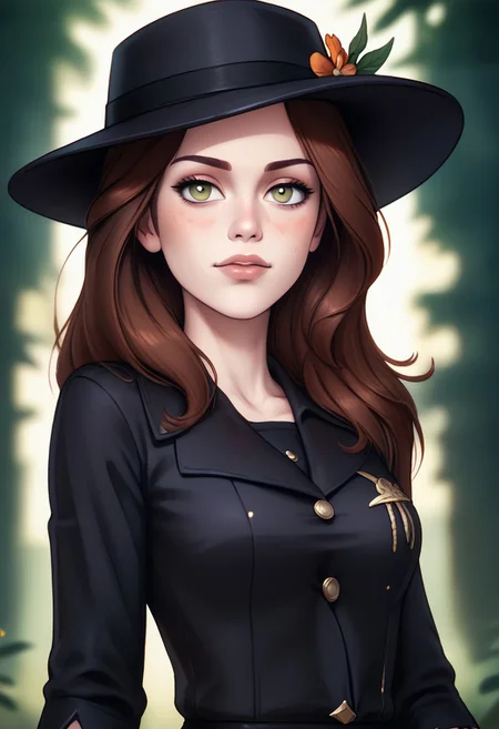 score_9, score_8_up, score_7_up, score_6_up, PRSNL_3_1, uncensored, pupils black dots, lips,
upper body, best quality, masterpiece, 4k, realistic, warm light,
LeafPony, leaf (pokemon), long hair, brown hair, brown eyes,
black headwear, hat flower, black gloves, black dress, buttons, black pantyhose, black footwear, high heels, sparkle,