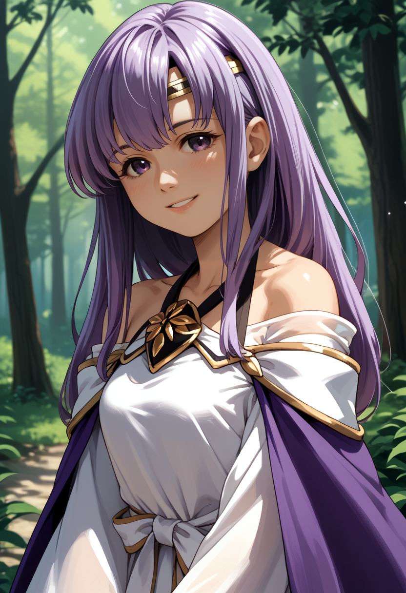 score_9, score_8_up, score_7_up, source_anime, BREAK, solo, 1girl, smile, looking at viewer, <lora:Julia-pdxl_Fp-000007:1>, juliafe4, purple hair, purple eyes, circlet, white dress, bare shoulders, purple cape, ribbon, brooch, outdoors, white sleeves, forest,