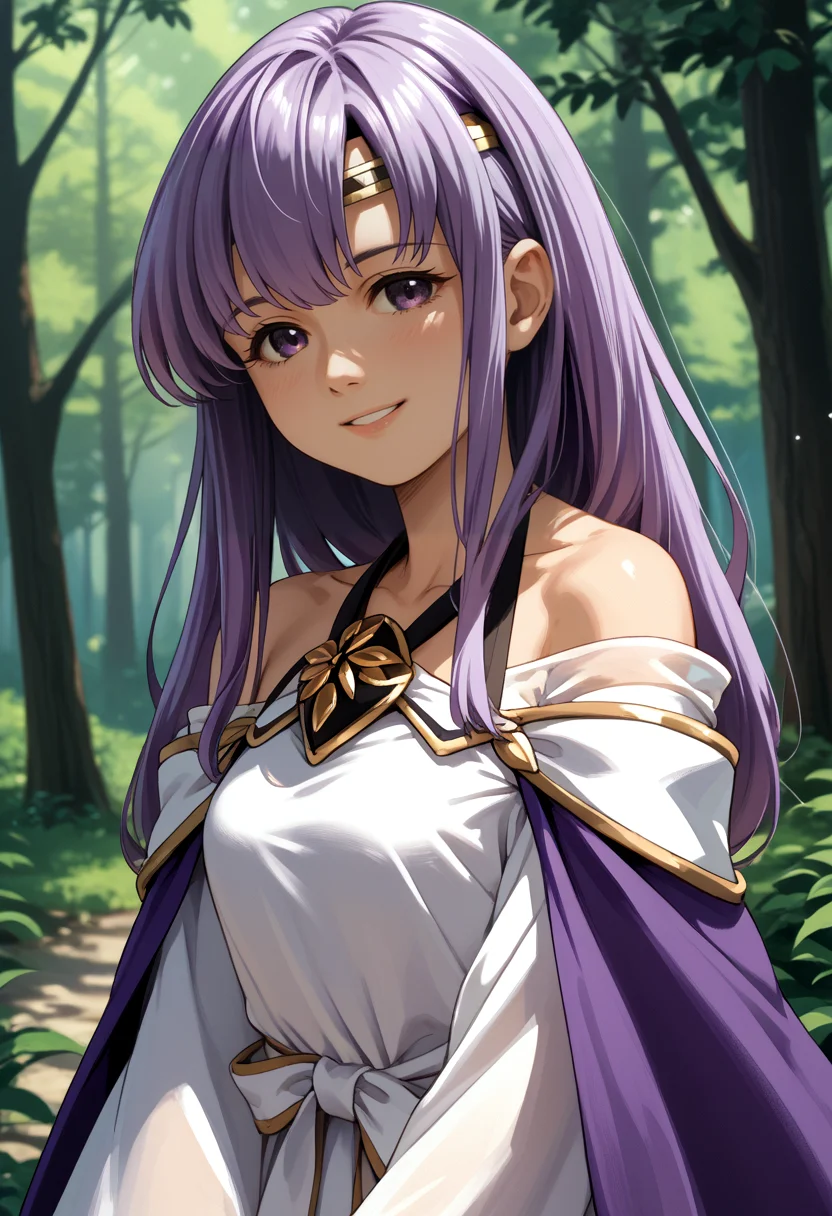 score_9, score_8_up, score_7_up, source_anime, BREAK, solo, 1girl, smile, looking at viewer, <lora:Julia-pdxl_Fp-000007:1>, juliafe4, purple hair, purple eyes, circlet, white dress, bare shoulders, purple cape, ribbon, brooch, outdoors, white sleeves, forest,