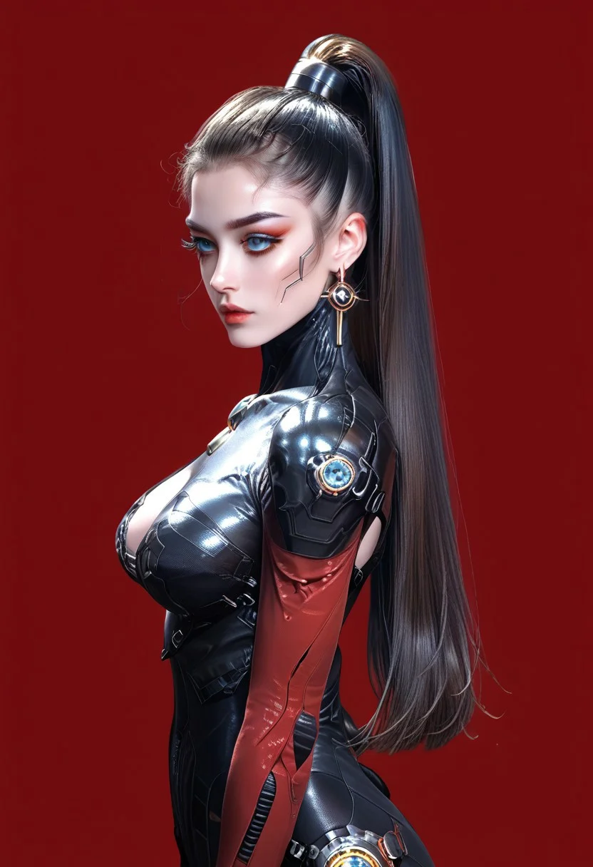 1girl, pretty girl, korean  solo, black hair, long hair, beautiful hair, sleek hair, high ponytail,  long ponytail,superp0nytail,, blue eyes,  large breasts, seductive,
ruanyi0868,bodysuit,science fiction,skin tight
 makeup,earrings,,long eyelashes,perfect body,(full body:1.3),
score_9,score_8_up,score_7_up,