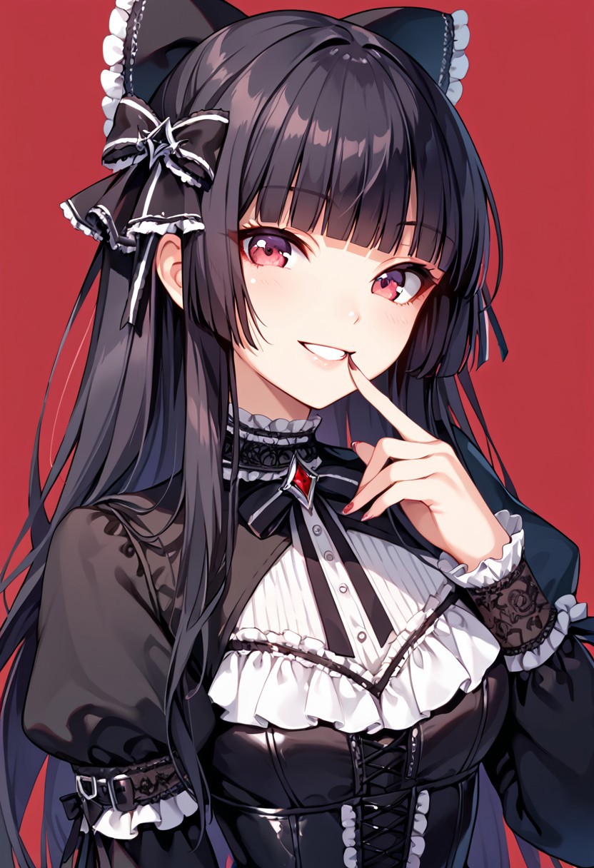 score_9, score_8_up, score_7_up,1girl, solo, long hair, looking at viewer, smile, bangs, black hair, red eyes, bow, ribbon, purple eyes, hair ribbon, upper body, hair bow, blunt bangs, red background, finger to mouth, fashion, hime cut, gothic girl