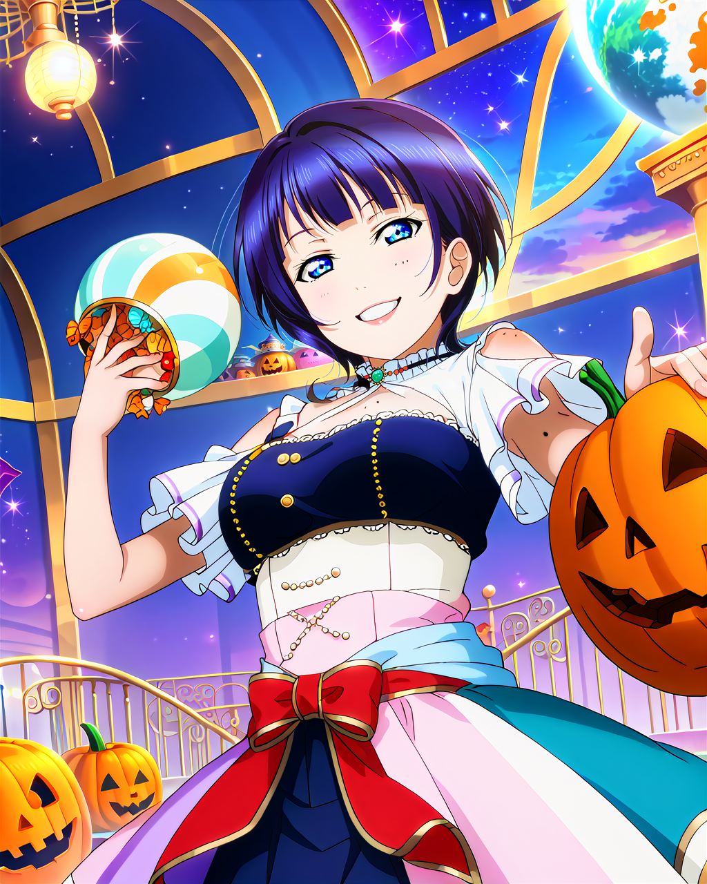 score_9, score_8_up, score_7_up, score_6_up, source_anime, looking at viewer, ((1girl, asaka karin, blue eyes, blue hair, mole, mole on breast, multiple moles, short hair)), (trick or treat,halloween), (maroon (x11) underbust), (Celestial Observatory with Celestial Globe),<lora:LLChar_Pony_Niji:0.8> love live! <lora:LLChar_Pony:0.8>, smile, happy,