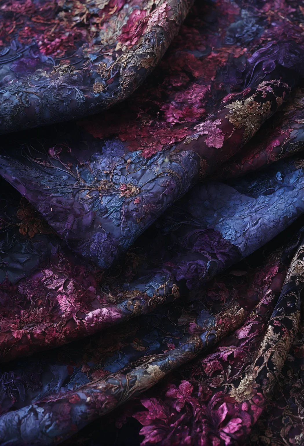 Surrealism, In art technique Patchwork, an intricate abstract pattern created from small pieces of various fabrics such as silk, velvet, lace, brocade, , Calm dark violet and pink hues, fine texture, perfect composition, insanely detailed, soft volumetric light, depth of field, best quality, <lora:Detailed_notrigger:1> <lora:SDXLFaeTastic2400:0.3>