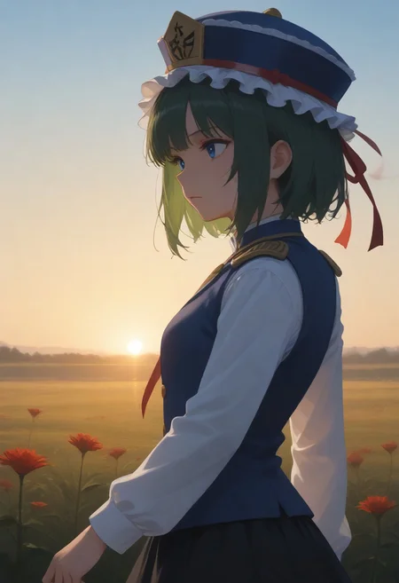1girl, solo, solo focus, highres, absurdres, shikieiki, green hair, frilled hat, blue eyes, blue headwear, short hair,
long sleeves, black skirt, white shirt, blue vest, red ribbon, epaulettes, small breasts, 
looking afar,
dusk, flower field, red spider lily, gradient sky, backlighting,