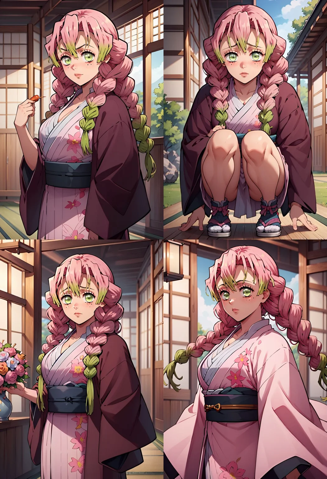 <lora:MitsuriKanrojiPony-10:1>Mitsurujionz, kanroji mitsuri, long hair, hair between eyes, pink hair, twin braids, green eyes, mole under eye, medium breasts, black jacket,  japanese clothes, haori, pink kimono, sash,  obi,  floral print, yukata, __femalePosesWildcard400_v10/female-poses__,, score_9, score_8_up, score_7_up, score_6_up, score_5_up, score_4_up,