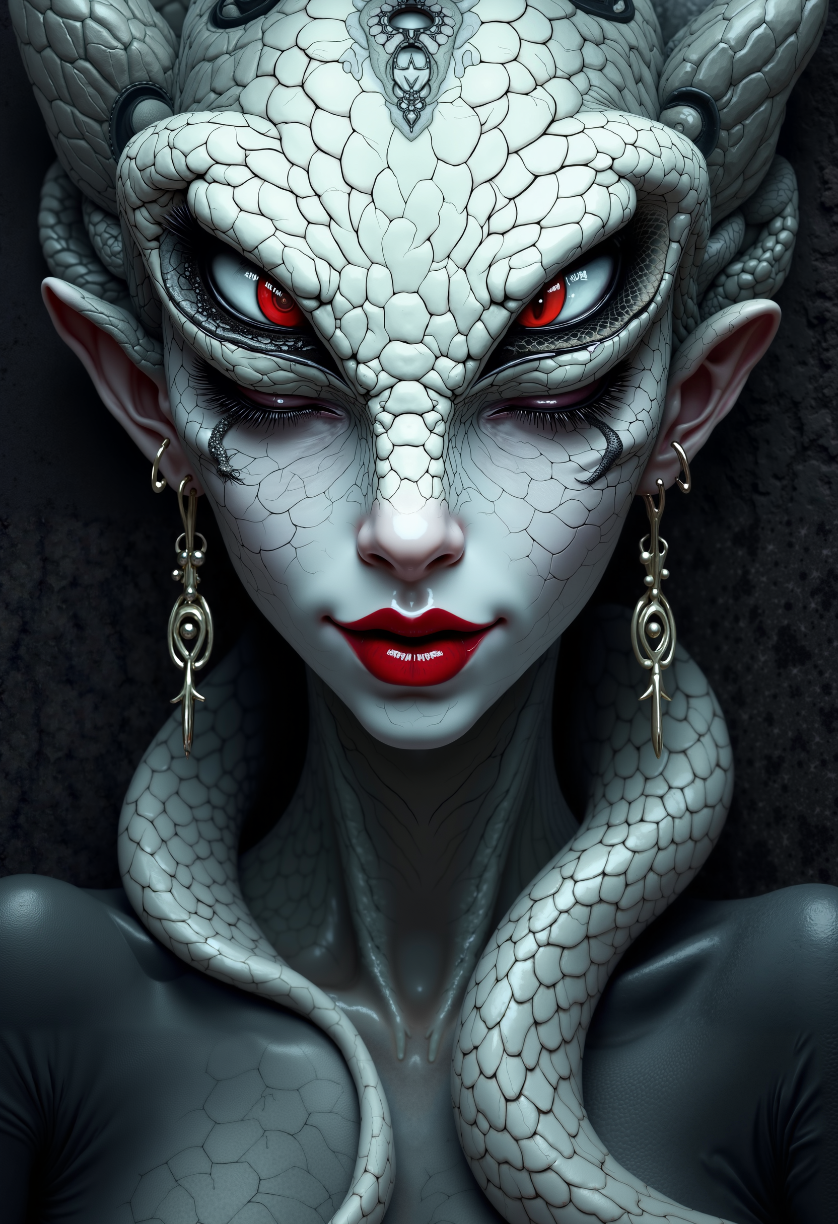 bo-snake, a oil paint on canvas of a world of mystical anime snake, dark fantasy, a highly detailed, surreal digital artwork featuring a woman's face and upper body, the woman has a pale, almost translucent skin with a snake-like texture, suggesting a reptilian or amphibian theme, her eyes are closed, and her expression is serene, with a slight smile, her lips are full and painted a vivid, vivid red, adding a striking contrast to her otherwise monochromatic appearance, the background is a dark, textured surface that contrasts sharply with the woman's skin, creating a sense of depth and dimension, the texture of the skin appears smooth and reflective, with subtle scales that give it a realistic, almost otherworldly quality, the overall style is highly stylized and gothic, with bold, contrasting colors and intricate, almost surreal elements, the artwork is executed with a high level of detail and realism, making it a captivating and immersive piece of art<lora:boFLUX Year of the Snake.safetensors:1.0:1.0>
