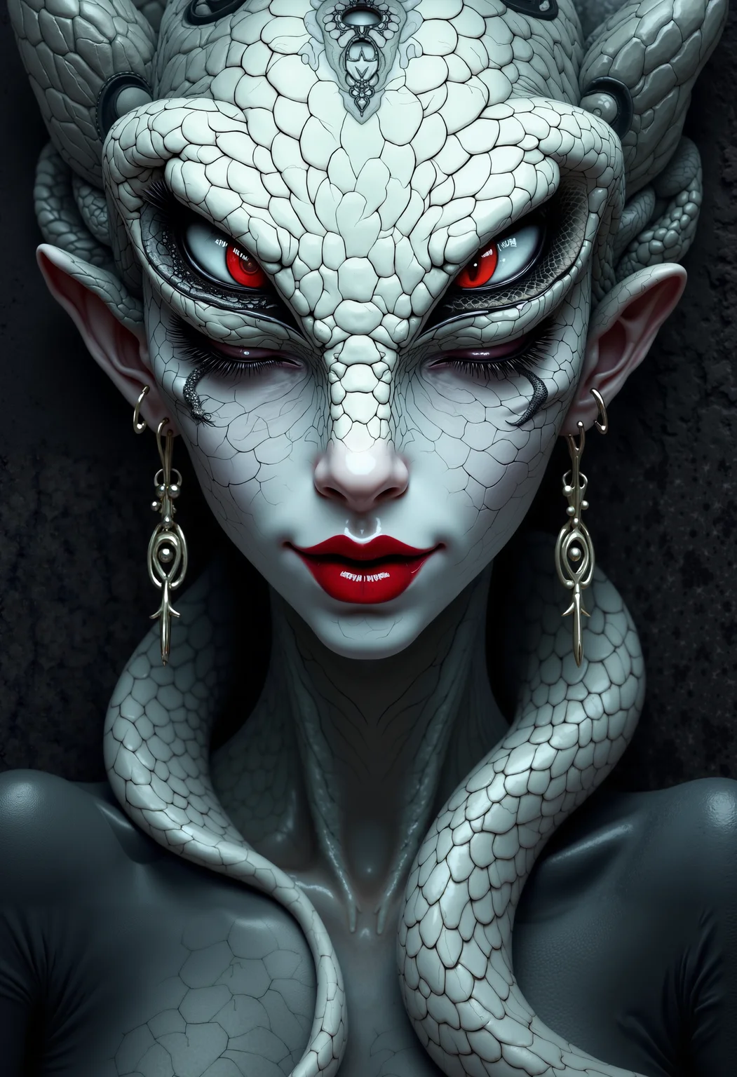 bo-snake, a oil paint on canvas of a world of mystical anime snake, dark fantasy, a highly detailed, surreal digital artwork featuring a woman's face and upper body, the woman has a pale, almost translucent skin with a snake-like texture, suggesting a reptilian or amphibian theme, her eyes are closed, and her expression is serene, with a slight smile, her lips are full and painted a vivid, vivid red, adding a striking contrast to her otherwise monochromatic appearance, the background is a dark, textured surface that contrasts sharply with the woman's skin, creating a sense of depth and dimension, the texture of the skin appears smooth and reflective, with subtle scales that give it a realistic, almost otherworldly quality, the overall style is highly stylized and gothic, with bold, contrasting colors and intricate, almost surreal elements, the artwork is executed with a high level of detail and realism, making it a captivating and immersive piece of art<lora:boFLUX Year of the Snake.safetensors:1.0:1.0>