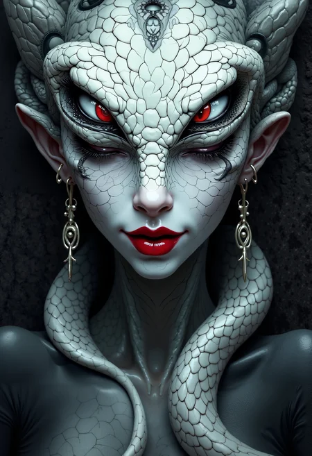 bo-snake, a oil paint on canvas of a world of mystical anime snake, dark fantasy, a highly detailed, surreal digital artwork featuring a woman's face and upper body, the woman has a pale, almost translucent skin with a snake-like texture, suggesting a reptilian or amphibian theme, her eyes are closed, and her expression is serene, with a slight smile, her lips are full and painted a vivid, vivid red, adding a striking contrast to her otherwise monochromatic appearance, the background is a dark, textured surface that contrasts sharply with the woman's skin, creating a sense of depth and dimension, the texture of the skin appears smooth and reflective, with subtle scales that give it a realistic, almost otherworldly quality, the overall style is highly stylized and gothic, with bold, contrasting colors and intricate, almost surreal elements, the artwork is executed with a high level of detail and realism, making it a captivating and immersive piece of art<lora:boFLUX Year of the Snake.safetensors:1.0:1.0>