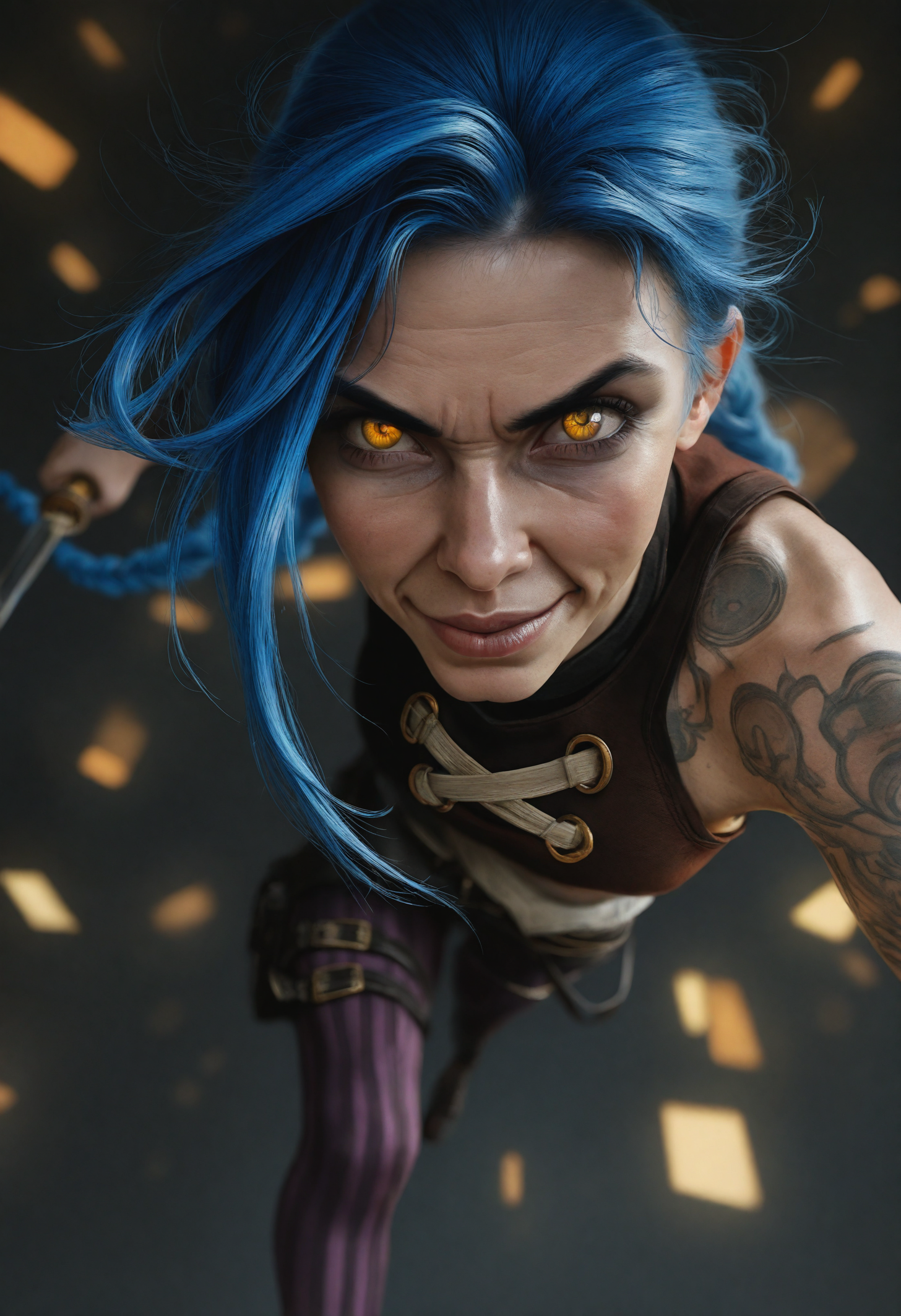 masterpiece, best quality, high resolution, very aesthetic, absurdres, newest, professional, high-quality, hyper-realistic, photograph of a woman, detailed eyes, realistic body,  1girl, woman, 21yo, jinx by Arcane, ponytail hair, blue hair, braided hair,hair fall in face, smirk, lush lips, tattoos, crazed eyes, thin, long legs,  brown shirt, purple tights, belts, looking at viewer,  dark background, (green patterned background:1.1), (squares and stripes:1.1),  golden hour glow, natural shadows,  front view, 3/4 shot,  dynamic angle, action pose,  depth of field,focused subject,  dynamic motion, holding dagger, head flirtily tilted to the side, harmonious facial expression