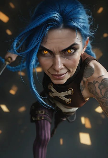 masterpiece, best quality, high resolution, very aesthetic, absurdres, newest, professional, high-quality, hyper-realistic, photograph of a woman, detailed eyes, realistic body, 1girl, woman, 21yo, jinx by Arcane, ponytail hair, blue hair, braided hair,hair fall in face, smirk, lush lips, tattoos, crazed eyes, thin, long legs, brown shirt, purple tights, belts, looking at viewer, dark background, (green patterned background:1.1), (squares and stripes:1.1), golden hour glow, natural shadows, front view, 3/4 shot, dynamic angle, action pose, depth of field,focused subject, dynamic motion, holding dagger, head flirtily tilted to the side, harmonious facial expression