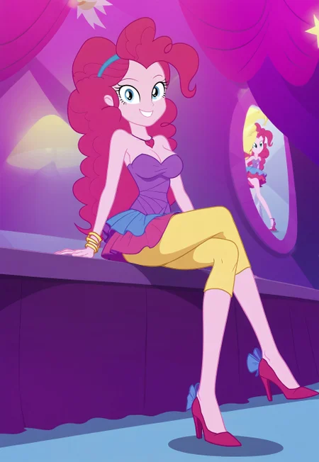 safe_pos, zPDXL3, <lora:CitronAnimeTreasure:.8> <lorapinkiepie_betatest:.8>, Pinkie Pie, 90s, bare shoulders, bracelet, clothes, dress, female, high heels, jewelry, necklace, rah rah skirt, shoes, plain bottom, skirt, sleeveless, sleeveless dress, single, strapless, strapless dress, sheer bottom, looking at viewer, serious, smiling, sitting, inside ballroom, soft lighting, sexy body, hot sensual, hot sexy legs, mature sexy body, seductive sexy body, showing legs, slim sexy body, big breasts, hot seductive look, long hair, very long hair, Equestria Girls, one person, 1 girl, alone, legs crossed, Yellow Capri Tights 