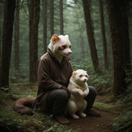 antro, 1boy, 1girl, ferret, sitting, fallen tree, in a forest background, UHD, score_8_up, score_9