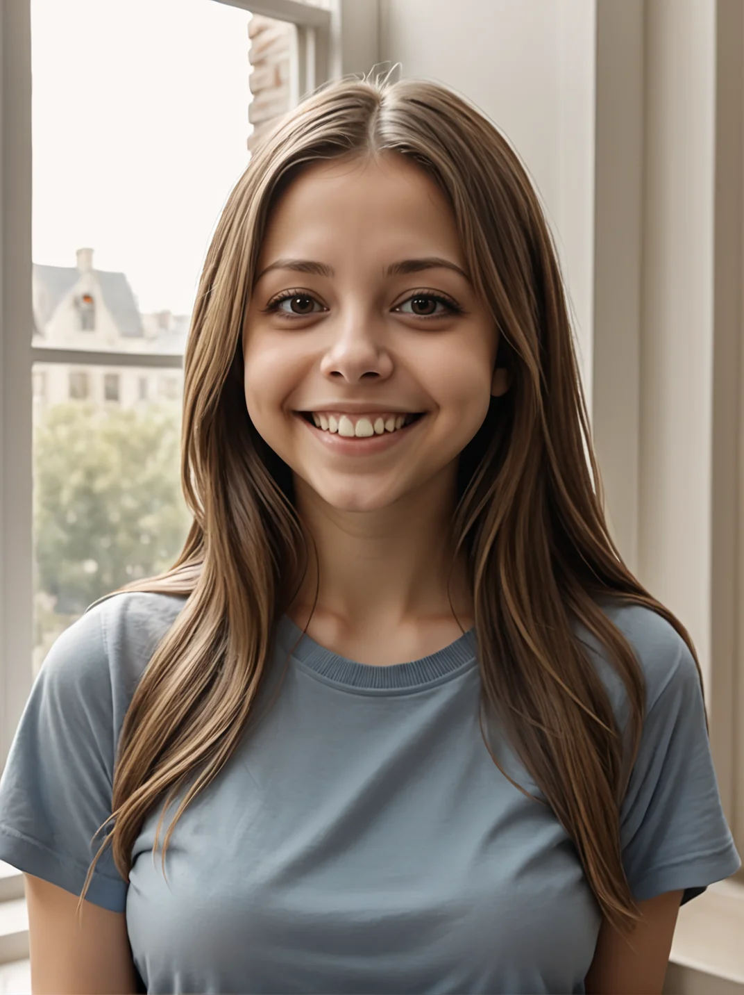 felicitysynthxl, solo, long hair, looking at viewer, smile, brown hair, shirt, brown eyes, upper body, short sleeves, teeth, artist name, indoors, signature, mole, grin, blurry, window, depth of field, blurry background, blue shirt, t-shirt, grey shirt, realistic