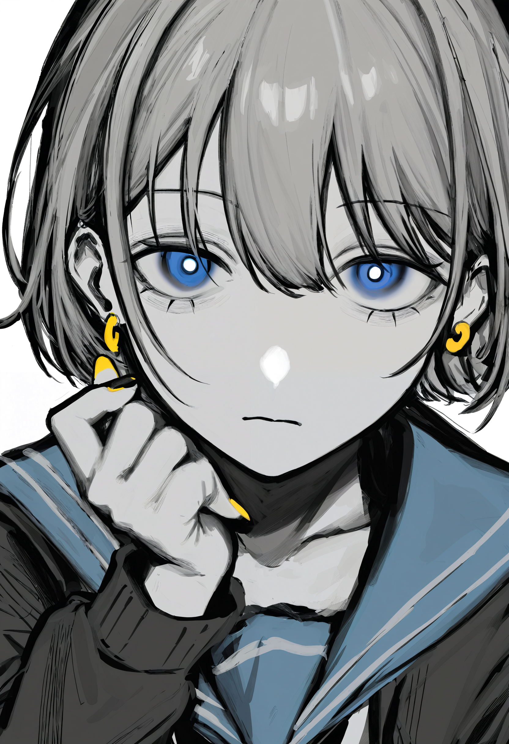 <lora:TnhocXQ=-noobaiXLNAIXL_epsilonPred_V110_V1-CAME>, Tnho, monochrome, greyscale, serizawa asahi, 1girl, solo, grey hair, white background, school uniform, simple background, short hair, blue sailor collar, looking at viewer, blue eyes, serafuku, sailor collar, upper body, nail polish, jacket, earrings, jewelry, kita high school uniform, hood, closed mouth, long sleeves, yellow nails, bright pupils, black jacket, ribbon, open clothes, bag, cardigan, winter uniform, expressionless, hair between eyes, hood down, white pupils, black cardigan, shirt