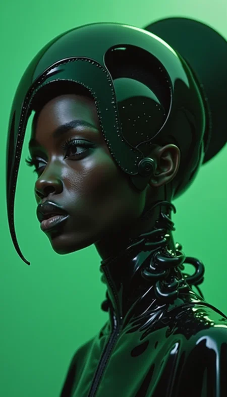 Serious black female model, looking diagonally, dressed in extravagant and vanguardist clothing, plastic and latex materials, abstract shapes, asymmetric techno ornaments, predominant green, 4k, medium shot, cinematic photography, Iris van Herpen style