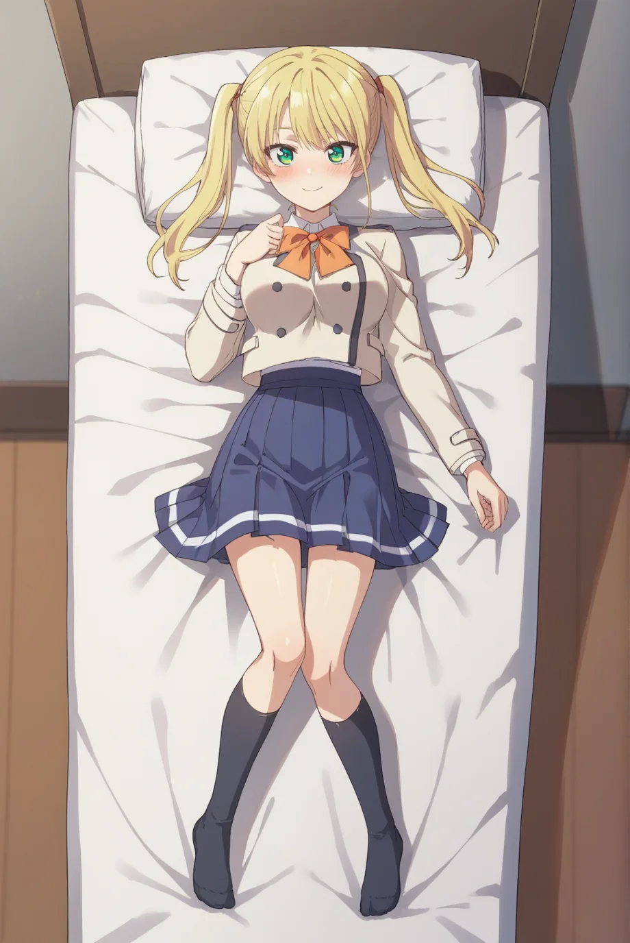 score_9, score_8_up, score_7_up, score_6_up, score_5_up, score_4_up, BREAK source_anime, 1girl, solo,
<lora:MirikiXL-v1-07:0.7>, ChopioMiriki, blonde hair, green eyes, looking at viewer,
[medium breasts : large breasts: 10],
long hair, twintails,
outfit_1, beige jacket, closed jacket, collared shirt, bowtie, cropped jacket, double-breasted, long sleeves, blue skirt, pleated skirt, kneehighs, black socks, full body, barefoot, 
bedroom, bed, bed sheet, pillow, on bed, on back, from above, shy, smile, blush,