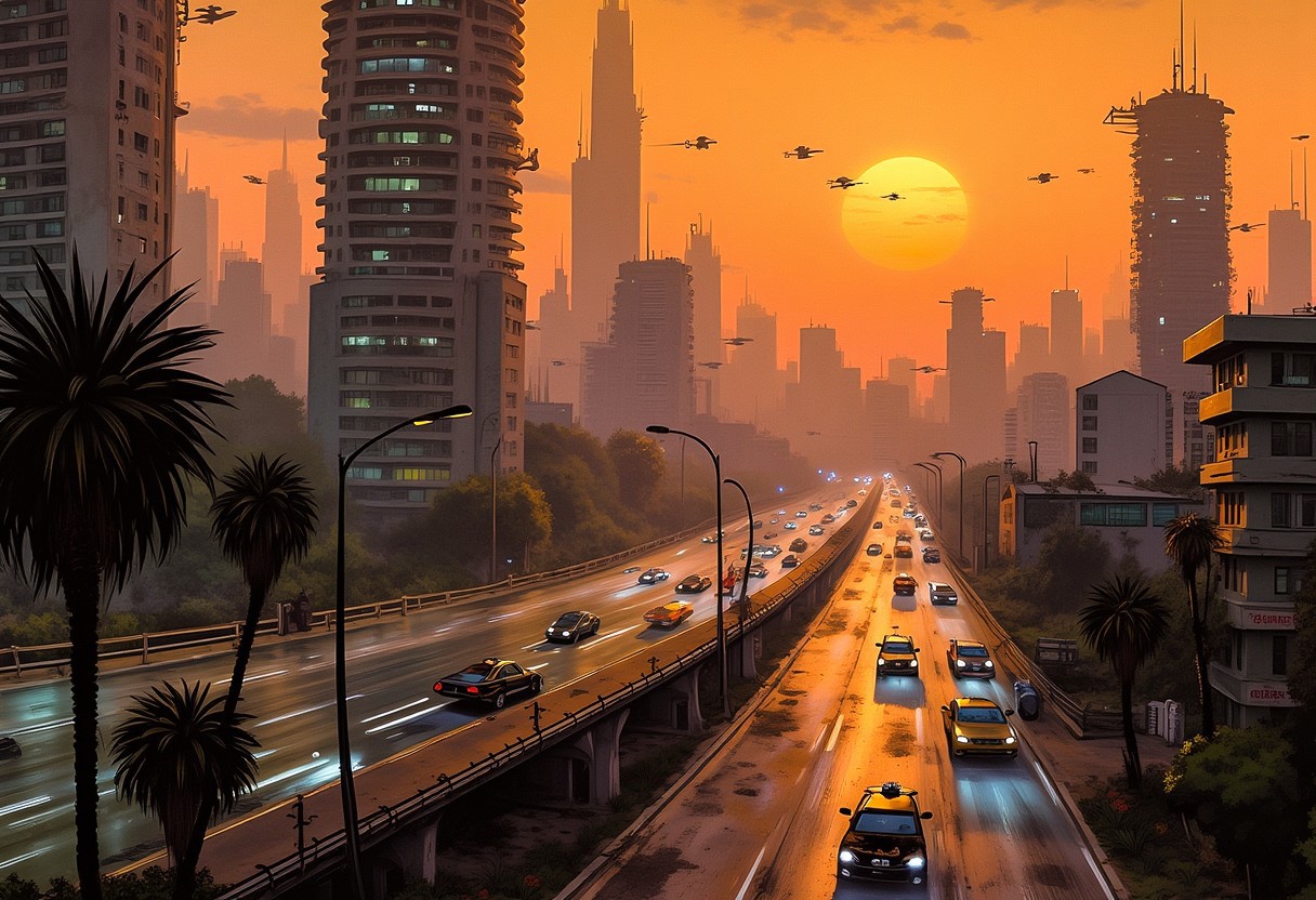 A bladerunners themed city urban, birds view, giant buildings, small in comparison flying cars are moving across the city, neon lights, dark, smoke, space ships, very detailed, 8k, trending, artstation, retro 80s colours, big sun in the background, jxj, sunset, sand in the air